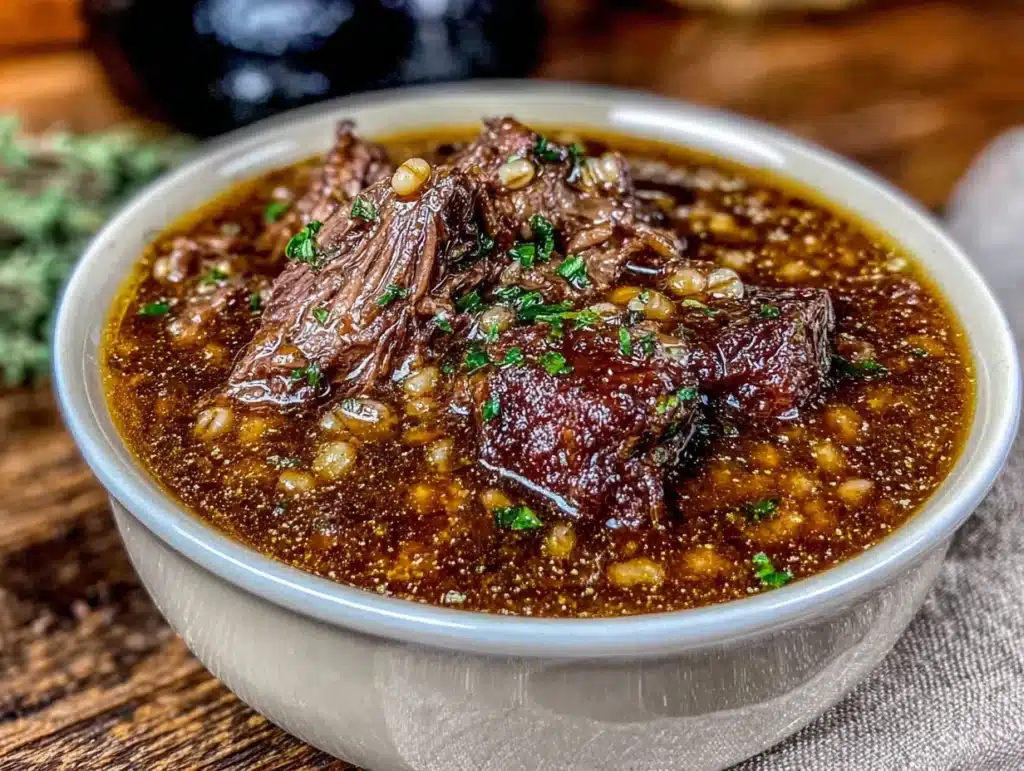 cozy slow cooker beef and barley stew - featured image