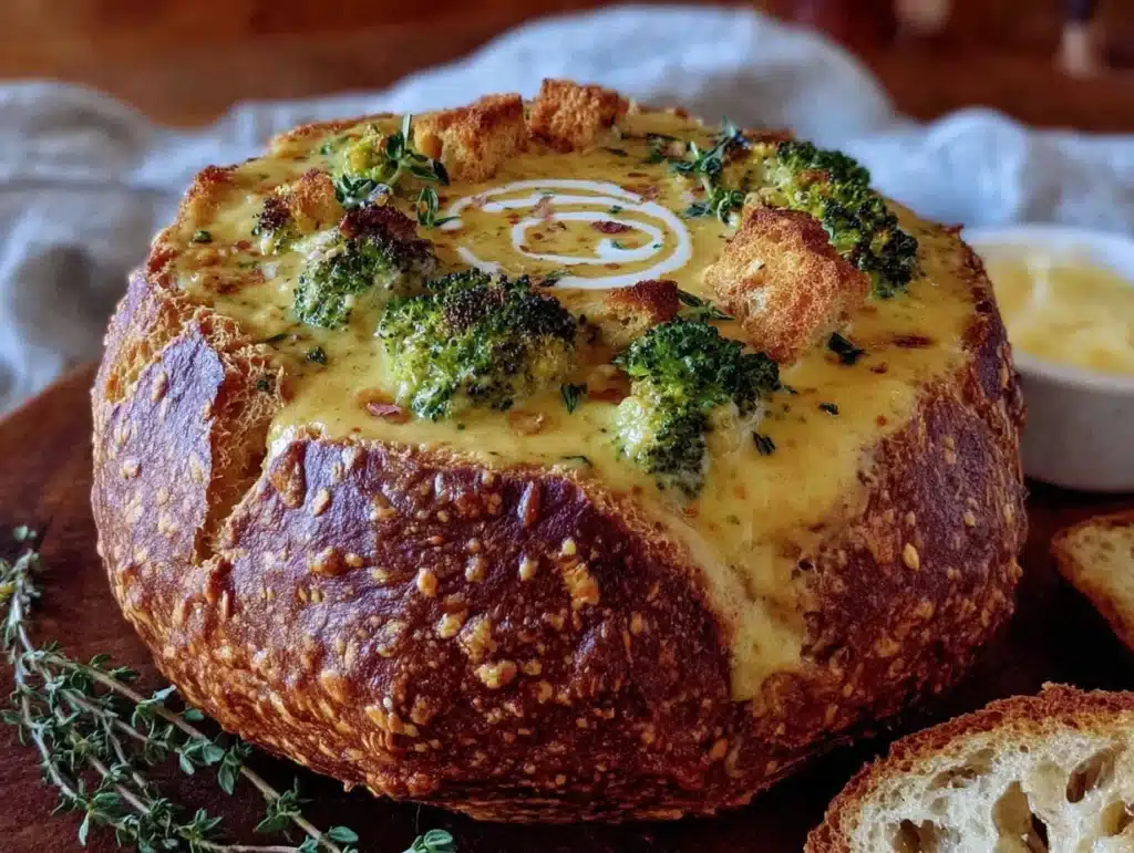 creamy broccoli cheddar soup in a bread bowl - featured image