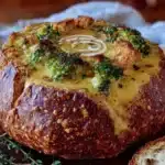 creamy broccoli cheddar soup in a bread bowl - featured image