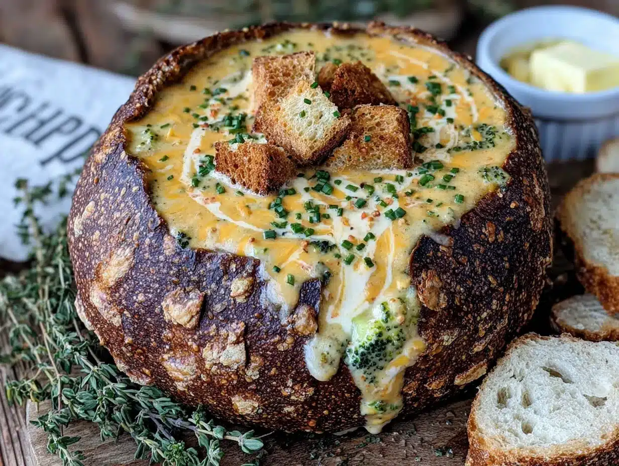 creamy broccoli cheddar soup in a bread bowl preparation steps