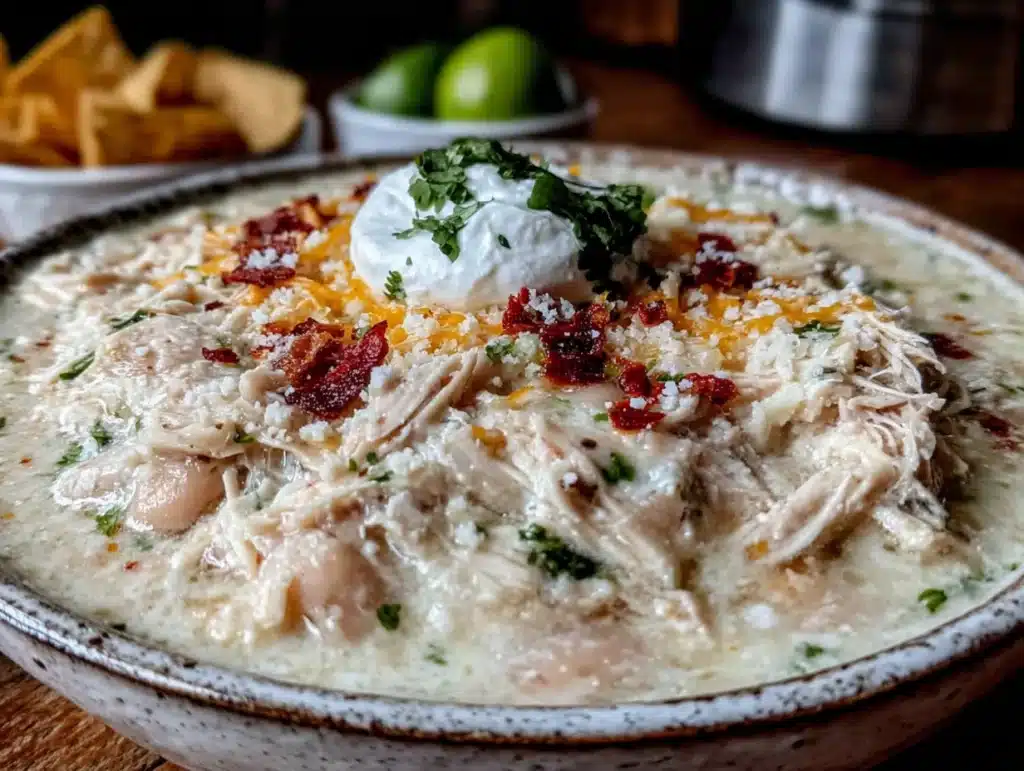 creamy crockpot white chicken chili - featured image