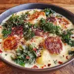 creamy sausage and potato soup with kale - featured image