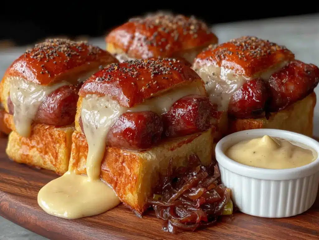 grilled bratwurst sliders with beer mustard - featured image