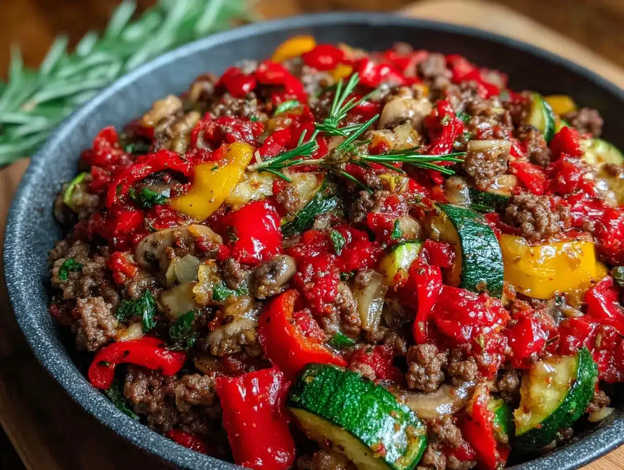 healthy cheesy ground beef skillet preparation steps