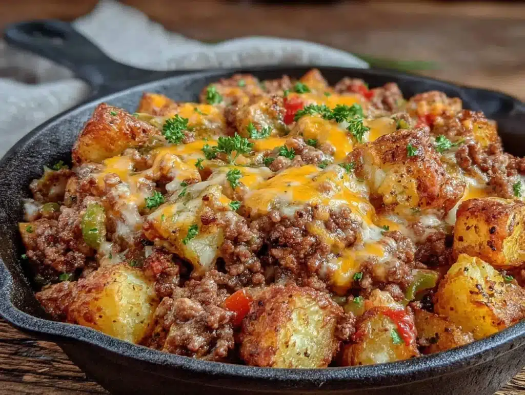 one-pan cheesy ground beef skillet - featured image