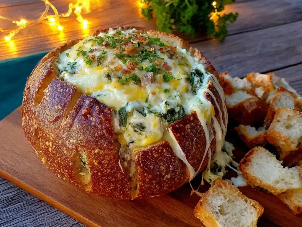spinach artichoke football dip bread bowl - featured image