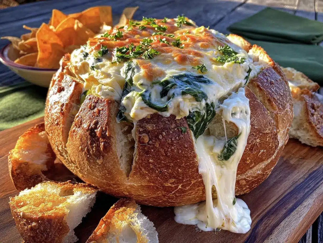 spinach artichoke football dip bread bowl preparation steps