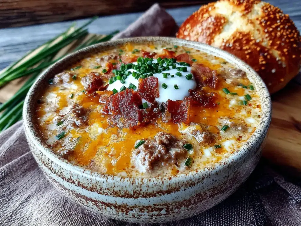 creamy crockpot cheeseburger soup - featured image