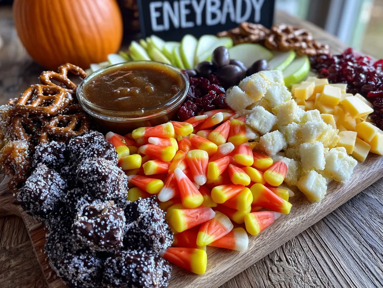 easy halloween charcuterie board with candy corn preparation steps