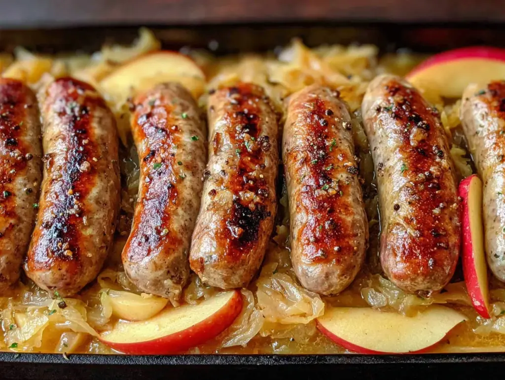 german bratwurst skillet with apples - featured image