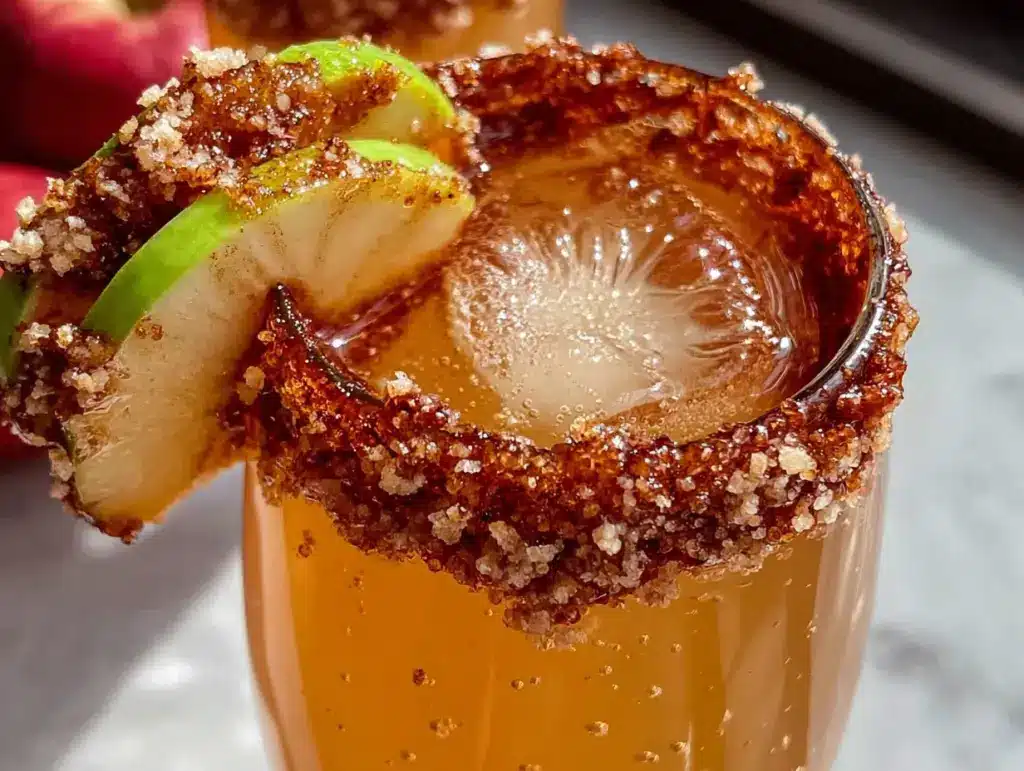 light apple cider mimosa with cinnamon sugar rim - featured image