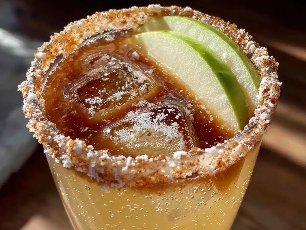 light apple cider mimosa with cinnamon sugar rim preparation steps