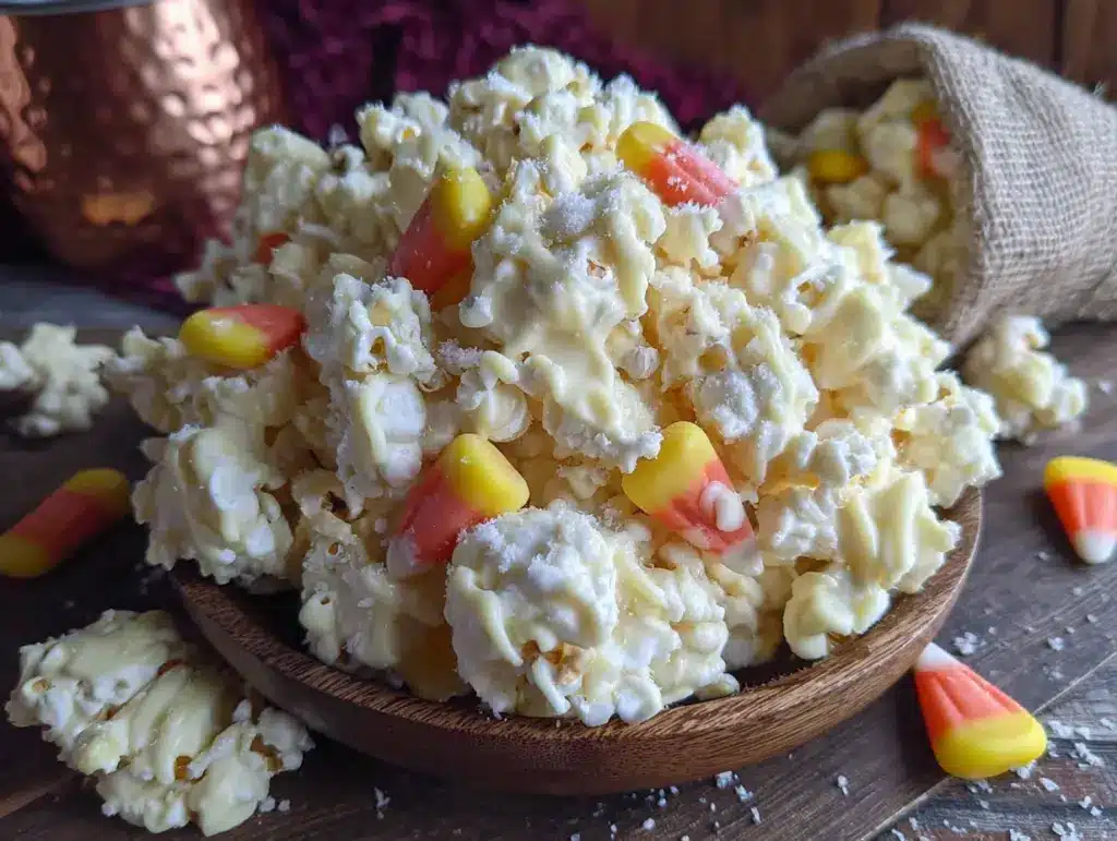 lighter white chocolate candy corn popcorn mix - featured image