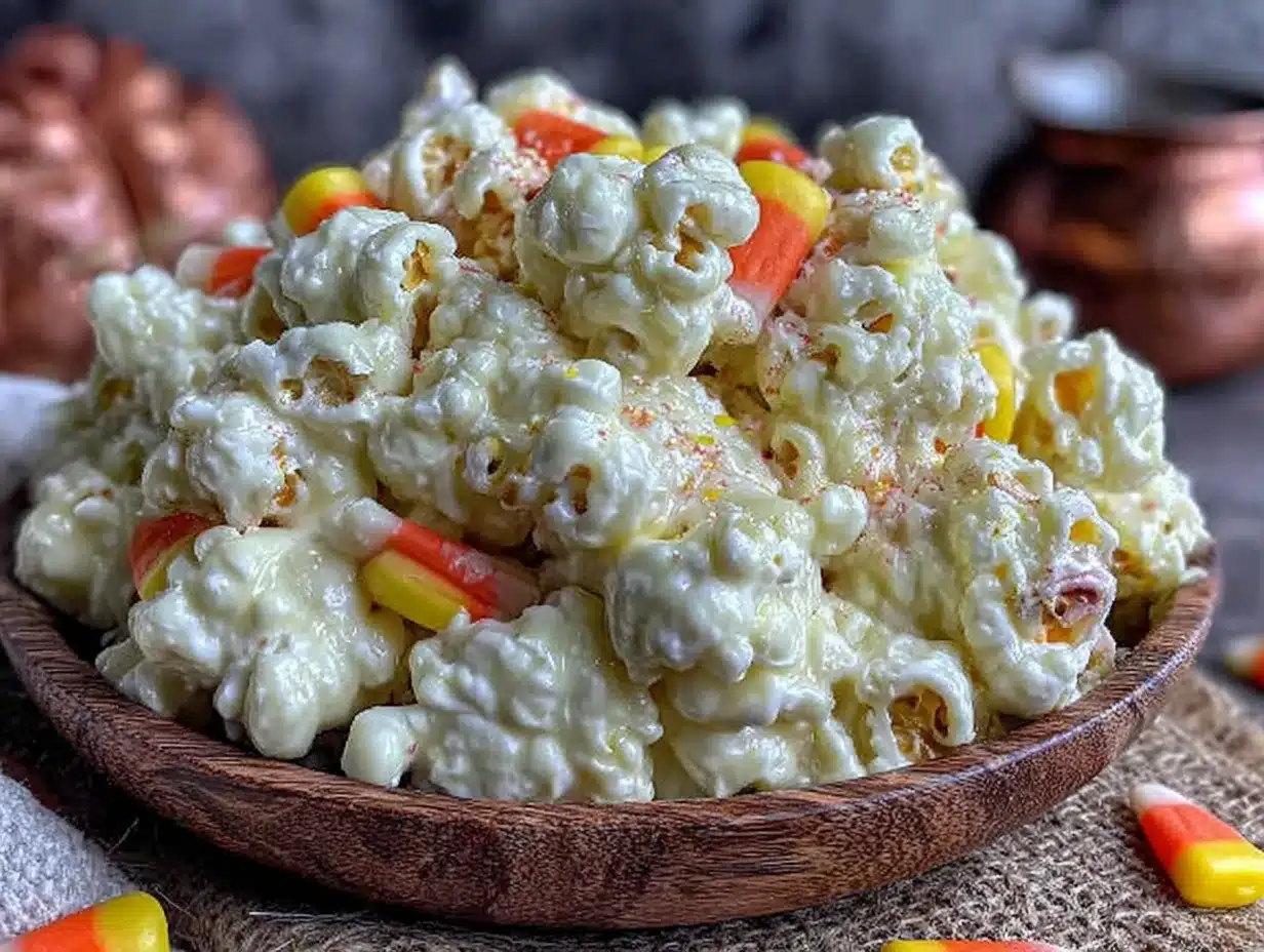 lighter white chocolate candy corn popcorn mix preparation steps