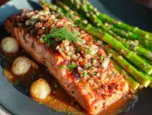 one-pan garlic butter salmon with asparagus - featured image