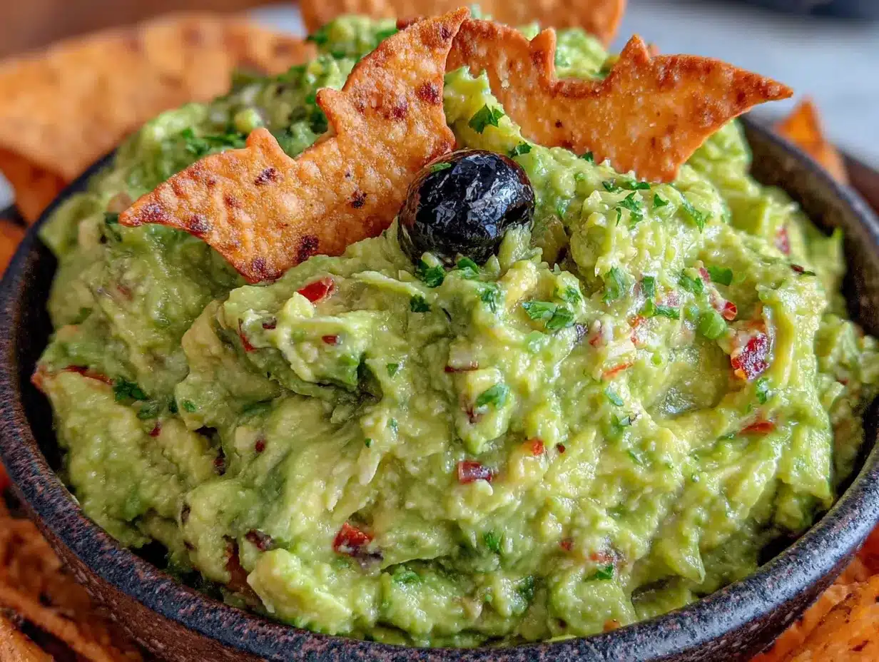 spooky guacamole with crispy bat chips preparation steps