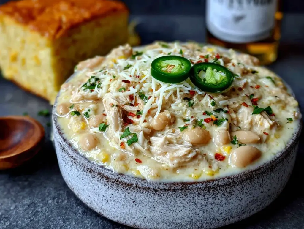 white chicken chili with cream cheese - featured image